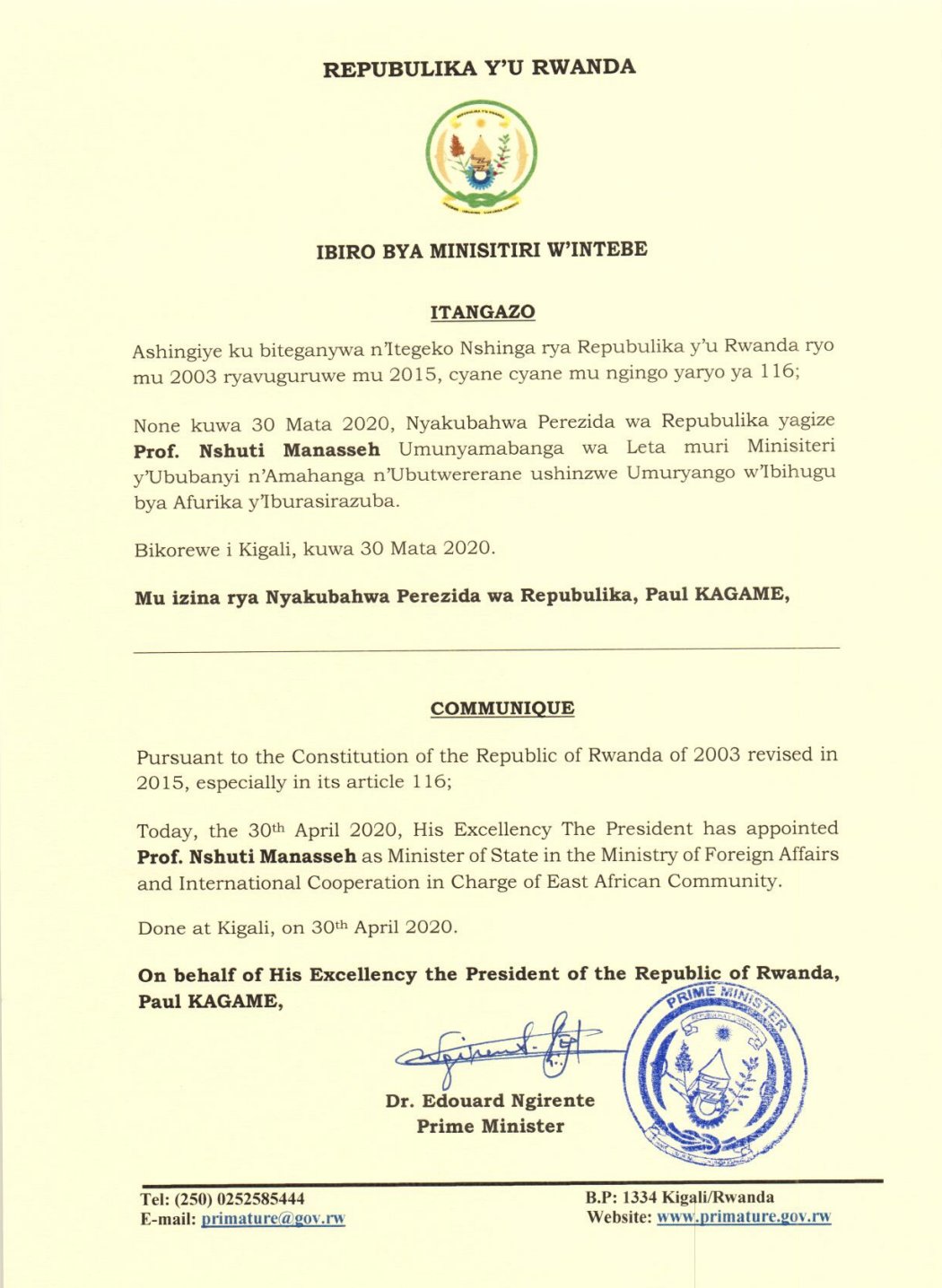 Prof. Nshuti Manasseh yagizwe umunyamabanga wa Leta Muri Minisiteri y’ububanyi n’Amahanga