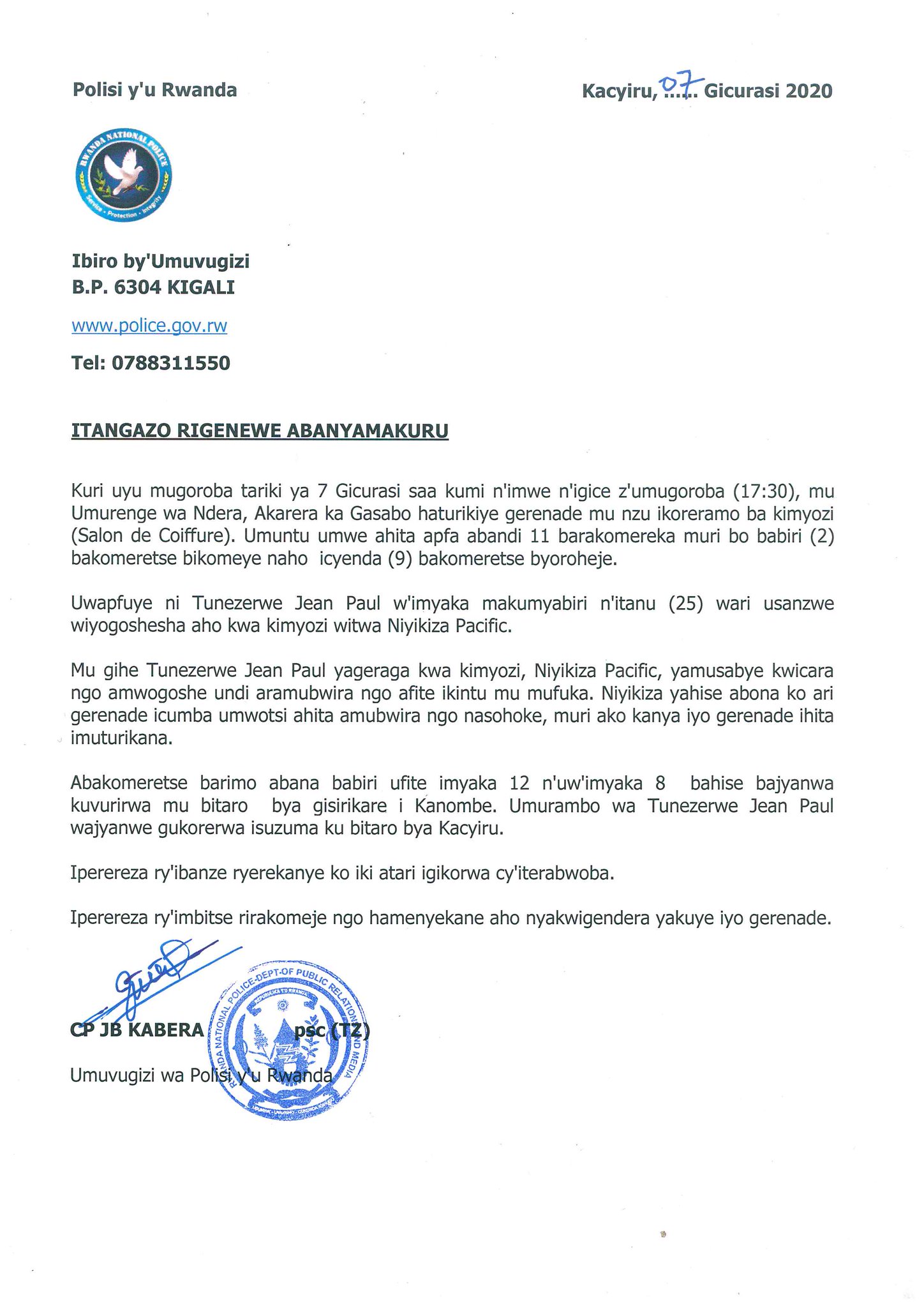 Kigali: Polisi iravuga ko wa muntu witurikirijeho Gerenade yahise imuhitana abandi 11 barakomereka