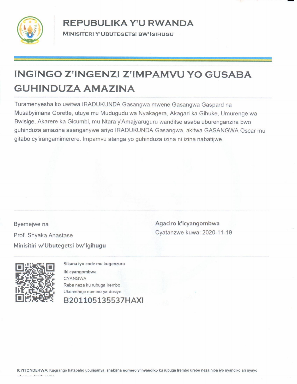 ITANGAZO RY’INGINGO Z’INGENZI ZA IRADUKUNDA GASANGWA Z’IMPAMVU YO GUSABA GUHINDUZA AMAZINA