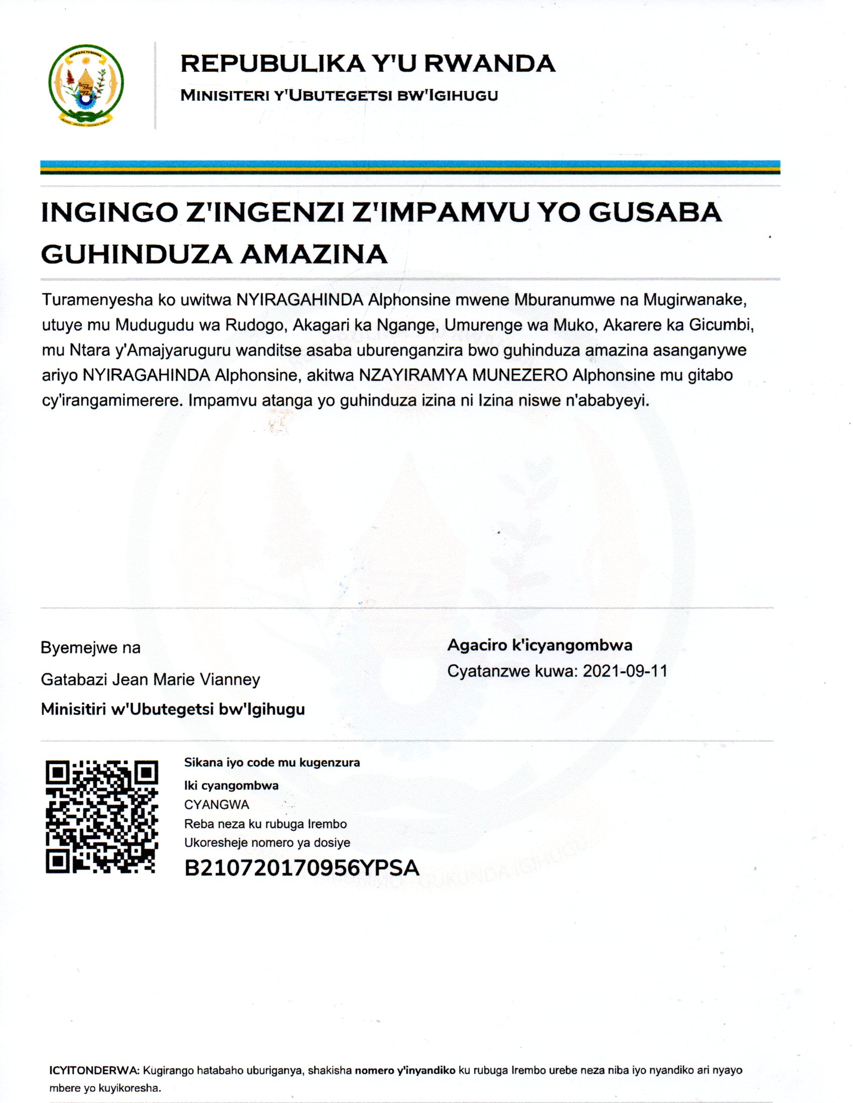 INGINGO Z’INGENZI ZA NYIRAGAHINDA Alphonsine Z’IMPAMVU YO GUSABA GUHINDUZA AMAZINA