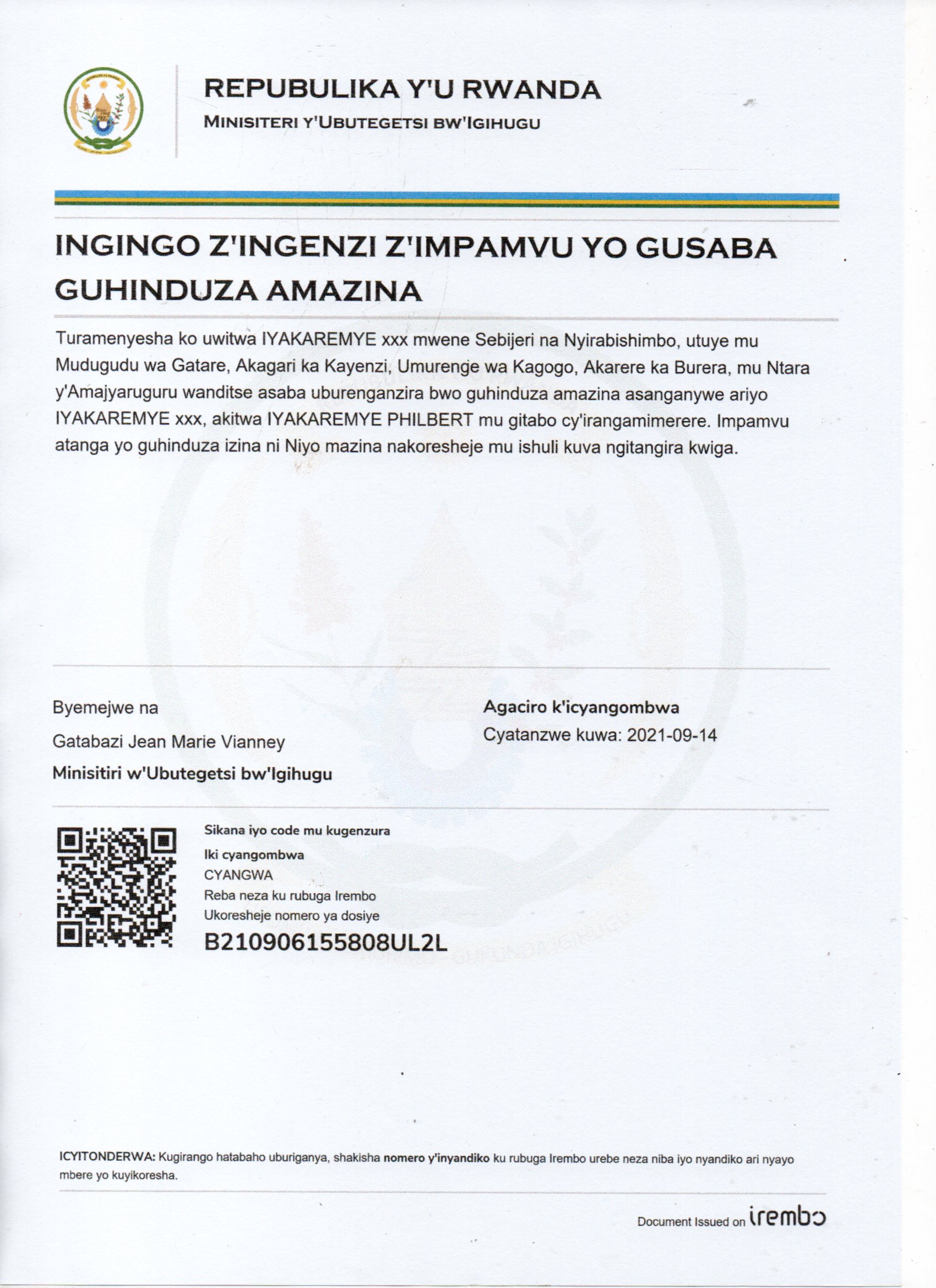 INGINGO Z’INGENZI Z’IMPAMVU YA IYAKAREMYE YO GUHINDURA IZINA