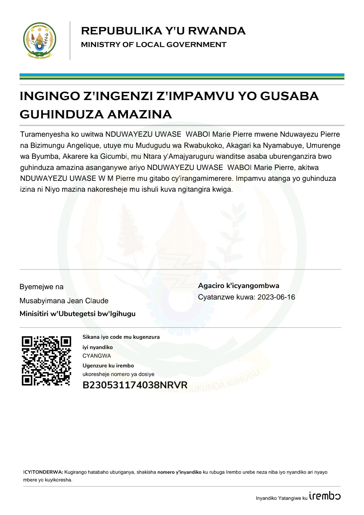 INGINGO Z’INGENZI ZA UWASE WABOI MARIE PIERRE Z’IMPAMVU YO GUSABA GUHINDUZA AMAZINA