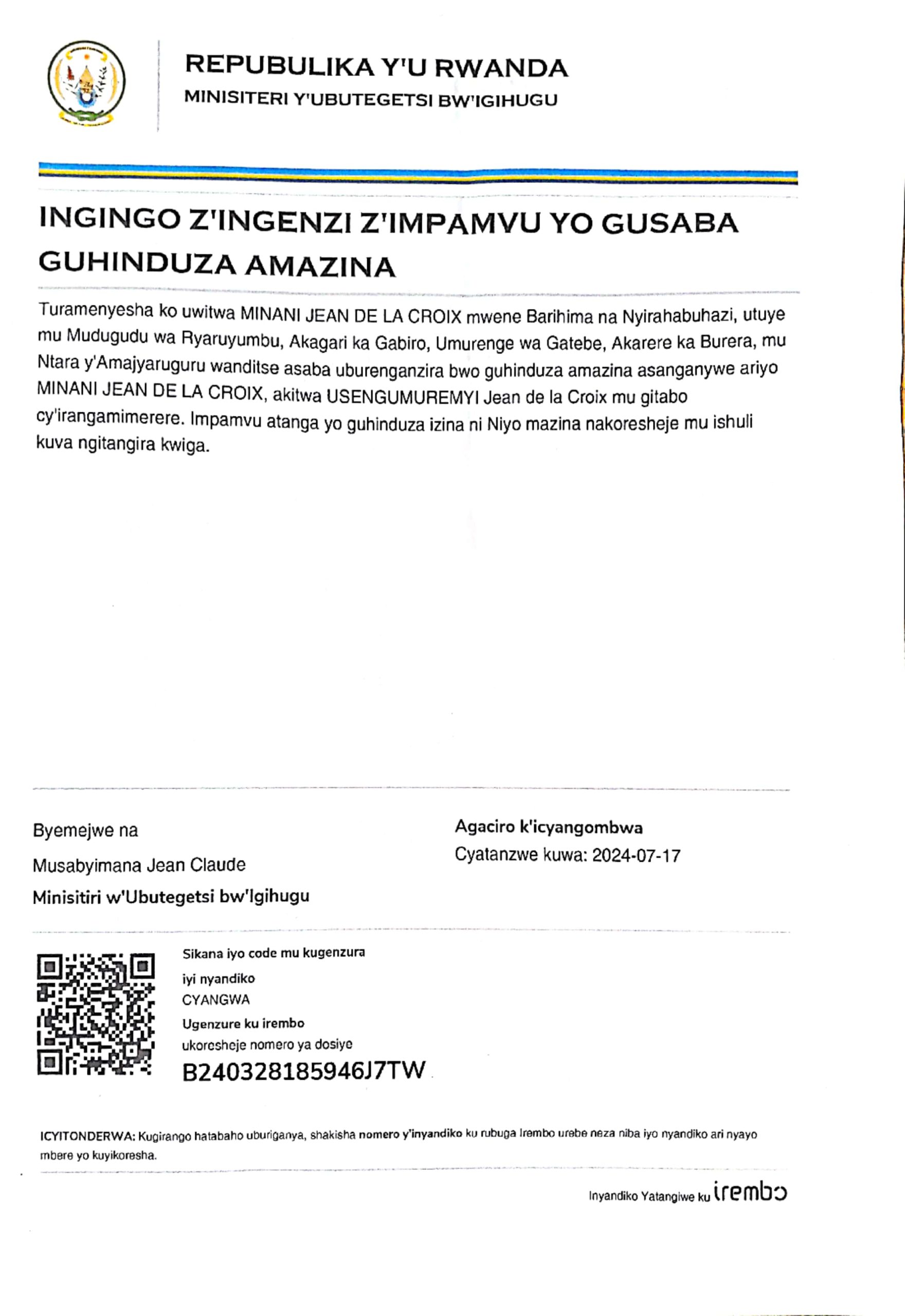ITANGAZO RYA MINANI JEAN DE LA CROIX USABA GUHINDUZA AMAZINA