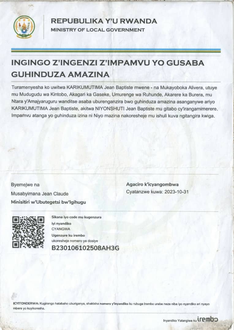 ITANGAZO RYA KARIKUMUTIMA Jean Baptiste RIKUBIYEMO INGINGO Z’INGENZI Z’IMPAMVU YO GUHINDUZA AMAZINA