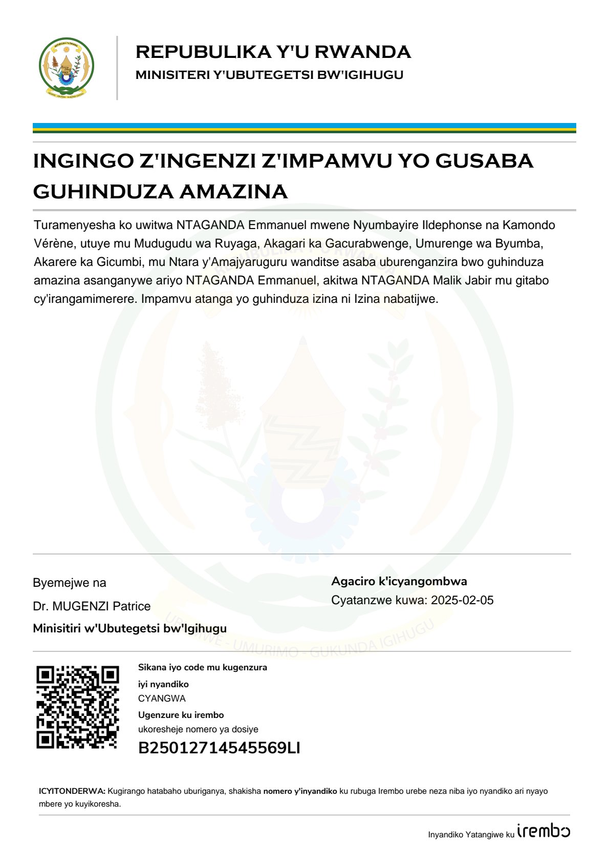 ITANGAZO RIKUBIYEMO INGINGO Z’INGENZI ZA NTAGANDA Emmanuel Z’IMPAMVU YO GUSABA GUHINDUZA AMAZINA