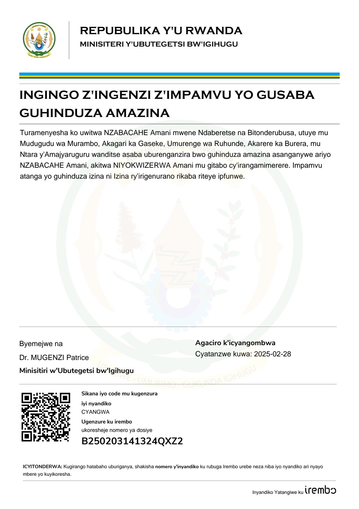 ITANGAZO RYA NZABACAHE AMANI RIKUBIYEMO INGINGO Z’INGENZI Z’IMPAMVU YO GUHINDUZA AMAZINA
